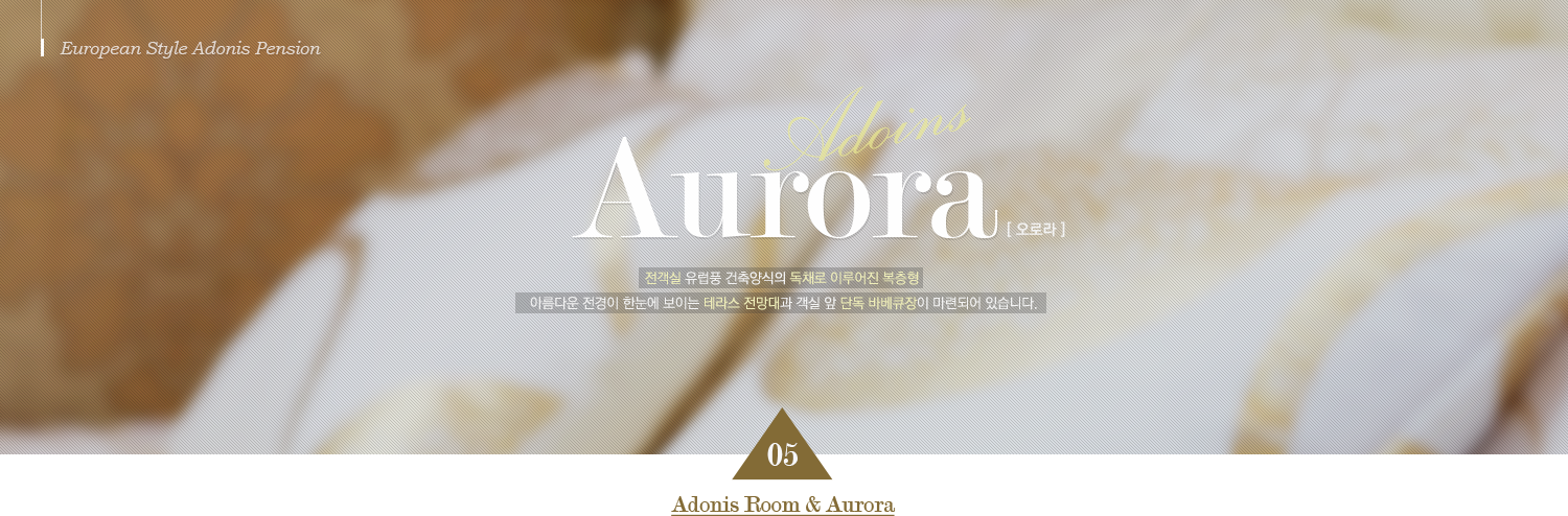 European Style Adonis Pension Aurora [ 오로라  ] 전객실 유럽풍 건축양식의 독채로 이루어진 복층형 아름다운 전경이 한눈에 보이는 테라스 전망대과 객실 앞 단독 바베큐장이 마련되어 있습니다. 05 Adonis Room & Aurora