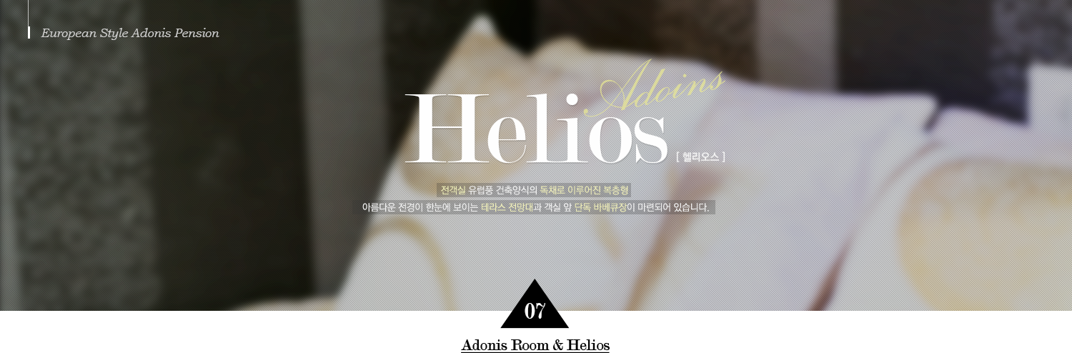 European Style Adonis Pension Helios [ 헬리오스  ] 전객실 유럽풍 건축양식의 독채로 이루어진 복층형 아름다운 전경이 한눈에 보이는 테라스 전망대과 객실 앞 단독 바베큐장이 마련되어 있습니다. 07 Adonis Room & Helios